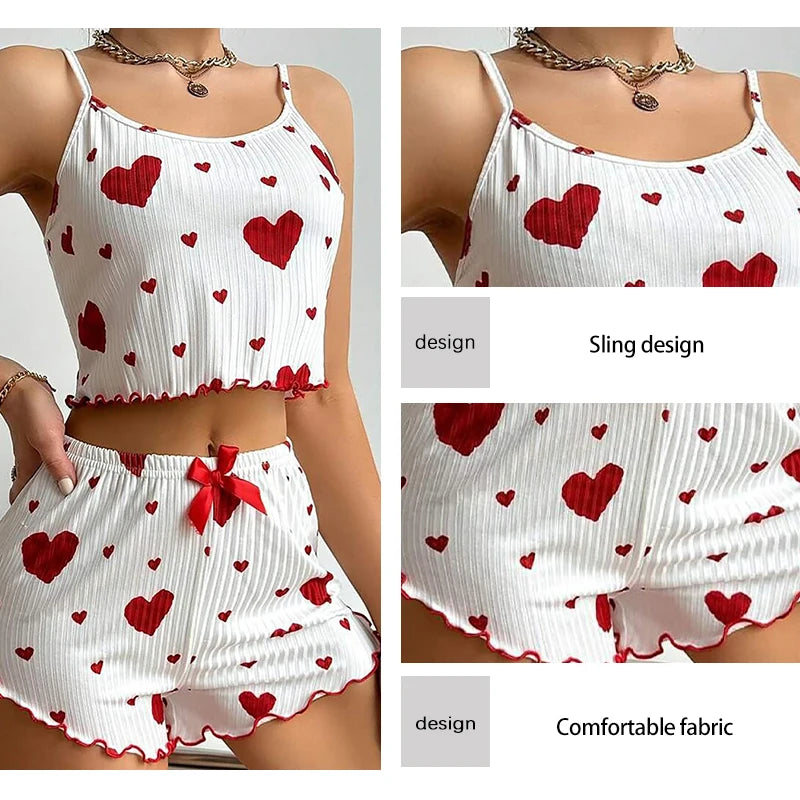 White Women's Pajamas Set - Soft Pajama Set with red hearts, featuring sling design and soft ribbed fabric for relaxing sleepwear.