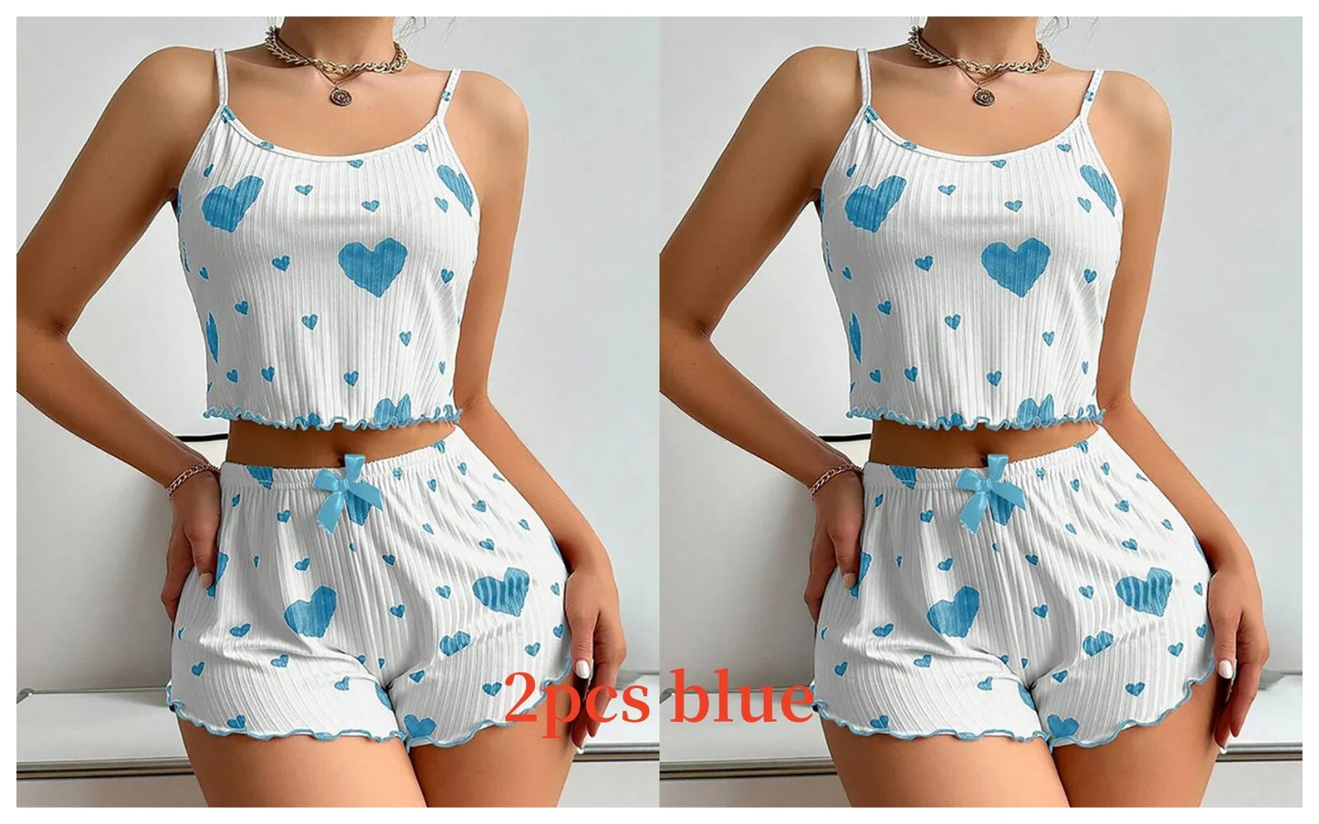 Two-piece blue heart Women's Pajamas Set - Soft Pajama Set in white, designed for cozy and stylish lounging.