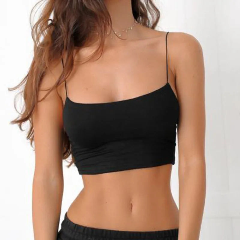 Black Women's Sexy Tank Top with spaghetti straps, styled with joggers for a relaxed and fashionable outfit.
