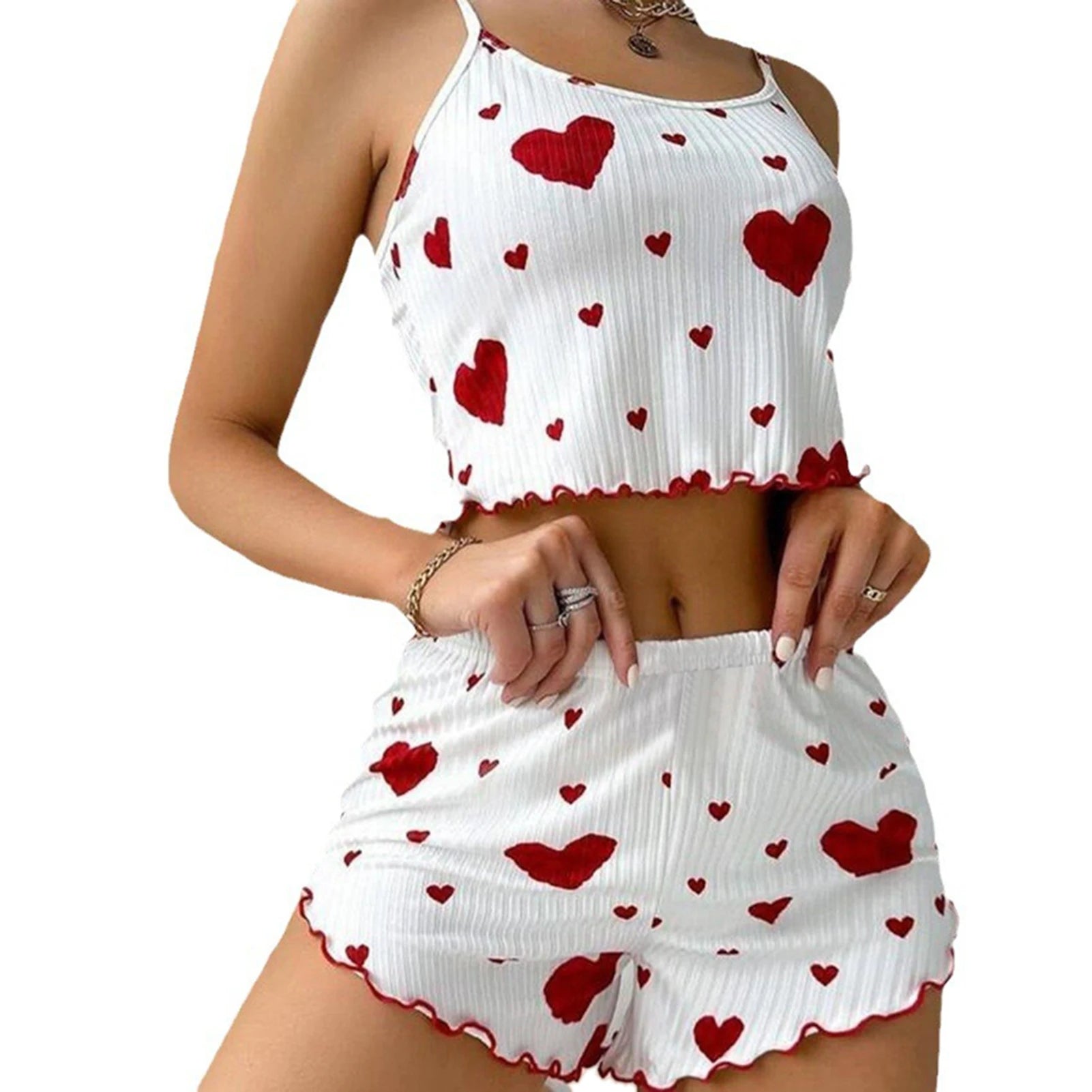 White Women's Pajamas Set - Soft Pajama Set with red hearts, featuring a sleeveless top and elastic shorts for cozy lounging.