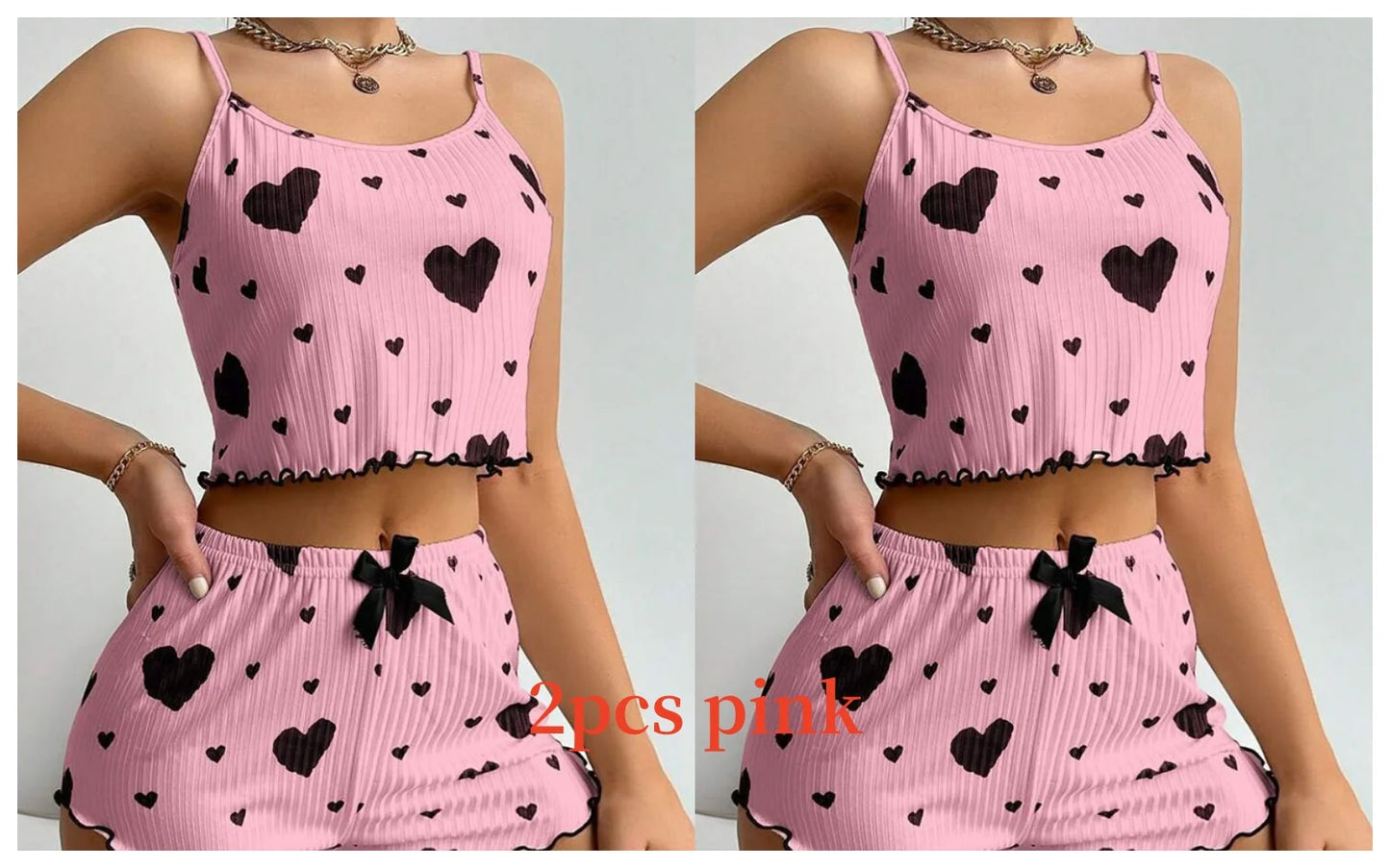 Two-piece pink Women's Pajamas Set - Soft Pajama Set with black hearts, perfect for stylish and comfortable sleepwear.