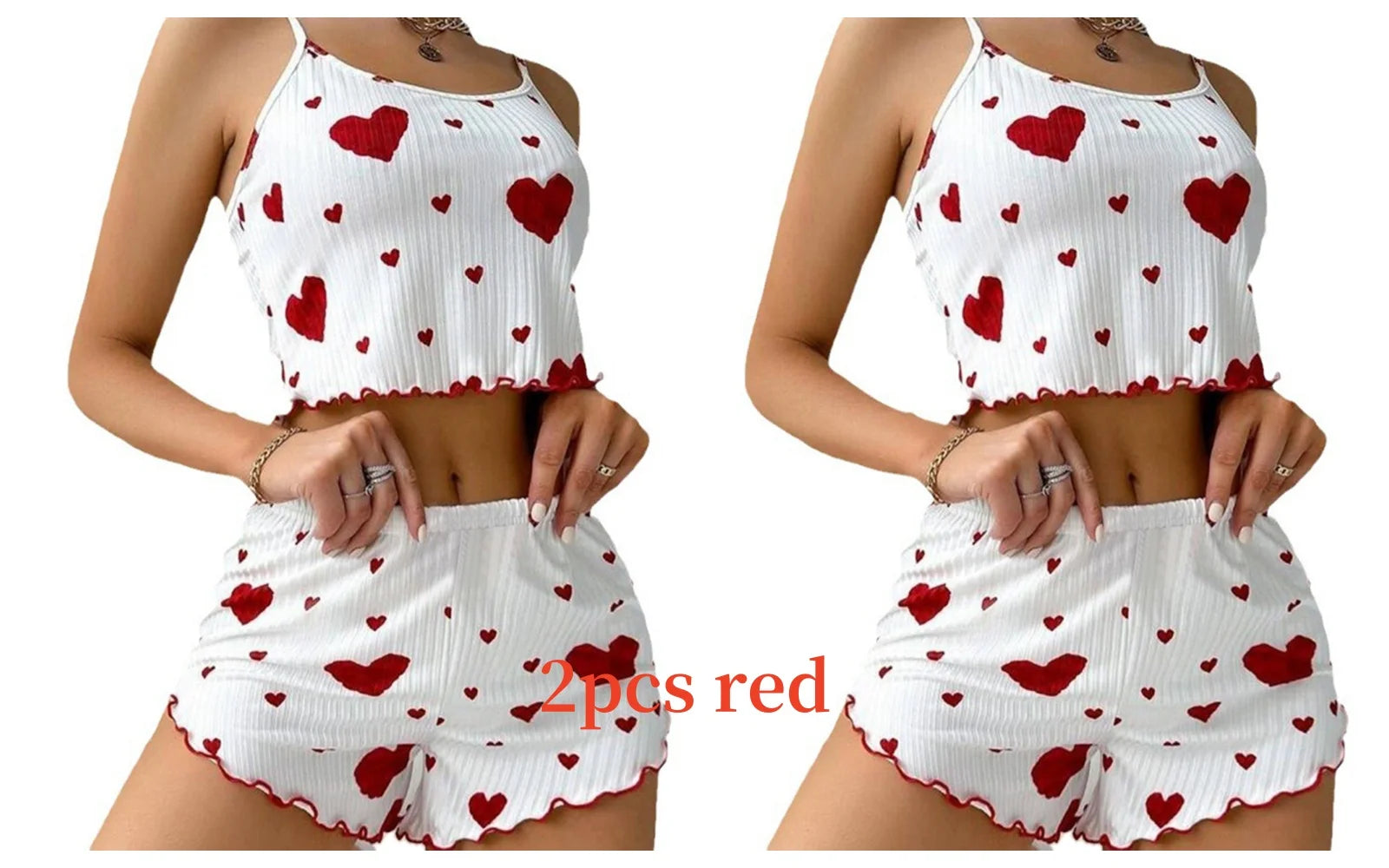 Two-piece red heart Women's Pajamas Set - Soft Pajama Set in white, featuring a sleeveless top and matching shorts.