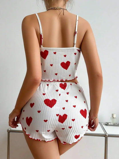 Back view of white Women's Pajamas Set - Soft Pajama Set with red hearts, showing elastic waistband and relaxed fit for comfort.
