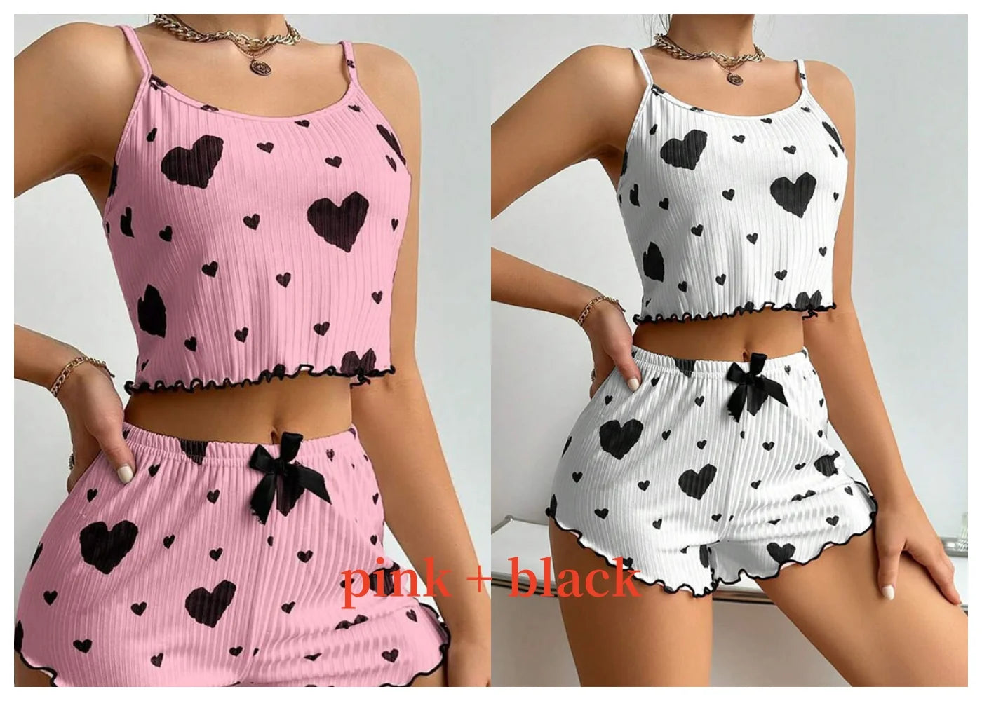 Combo pack of pink and black Women's Pajamas Set - Soft Pajama Set with heart prints, perfect for stylish sleepwear.