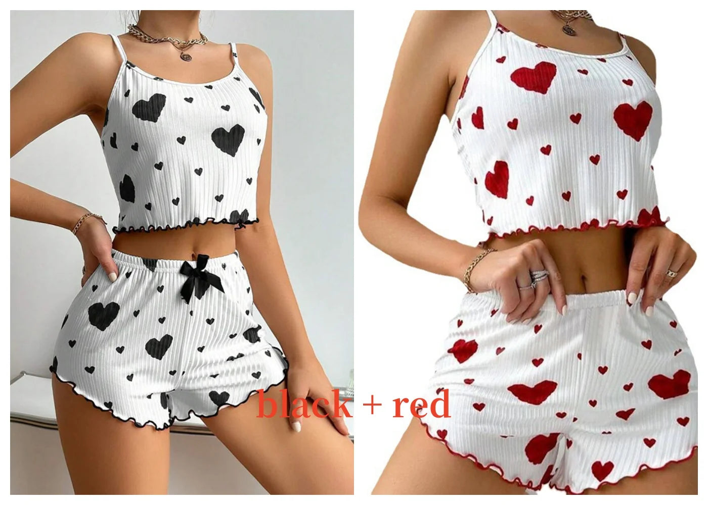 Combo pack of black and red Women's Pajamas Set - Soft Pajama Set with heart prints, perfect for cozy and stylish nights.
