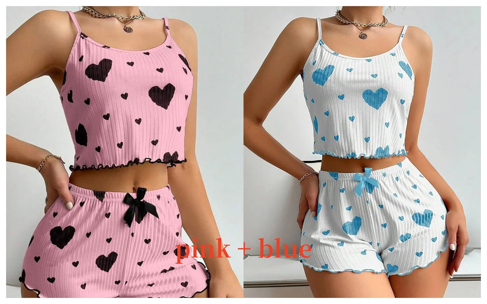 Combo pack of pink and blue Women's Pajamas Set - Soft Pajama Set with heart prints, ideal for sleepwear and loungewear.
