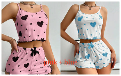 Combo pack of pink and blue Women's Pajamas Set - Soft Pajama Set with heart prints, ideal for sleepwear and loungewear.