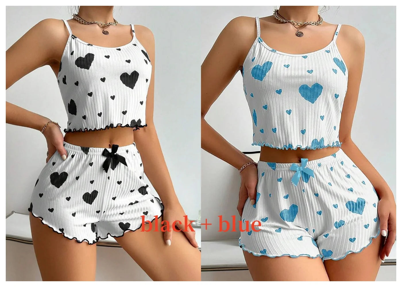Combo pack of black and blue Women's Pajamas Set - Soft Pajama Set with heart prints, ideal for comfortable lounging.