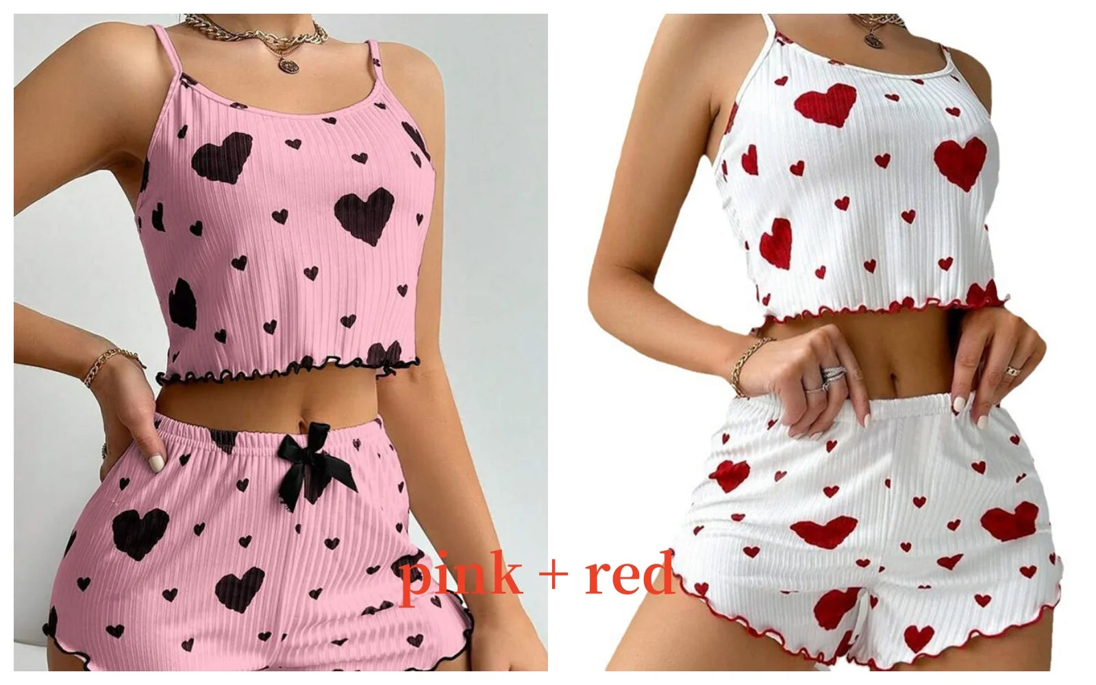 Combo pack of pink and red Women's Pajamas Set - Soft Pajama Set with heart prints, perfect for sleepwear variety.