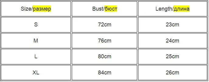 Size chart for Women's Sexy Tank Top showing bust and length measurements in centimeters for sizes S to XL.