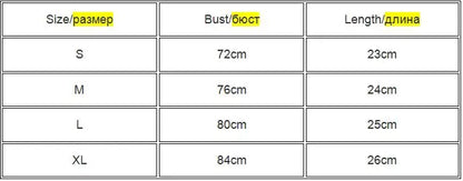 Size chart for Women's Sexy Tank Top showing bust and length measurements in centimeters for sizes S to XL.