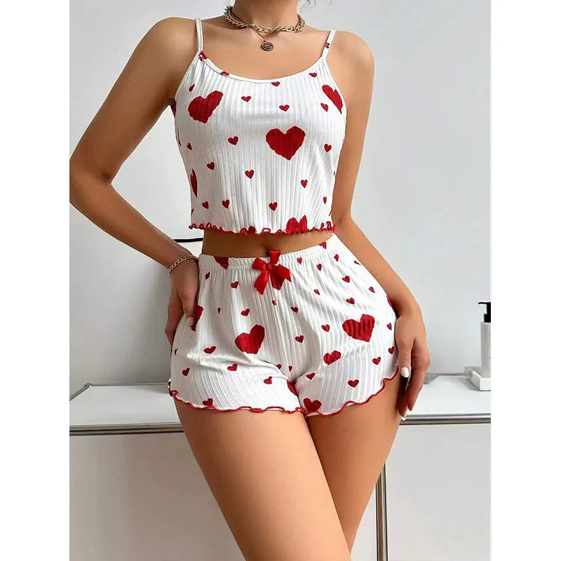 White Women's Pajamas Set - Soft Pajama Set with red hearts and bow detail, perfect for cozy nights and stylish lounging.