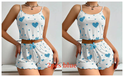 Two-piece blue heart Women's Pajamas Set - Soft Pajama Set in white, designed for cozy and stylish lounging.
