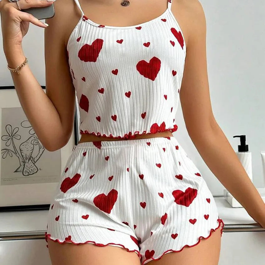 White Women's Pajamas Set - Soft Pajama Set with red hearts, sleeveless top and shorts perfect for lounging in comfort and style.