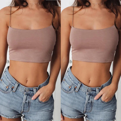 Side-by-side view of Women's Sexy Tank Top in mauve, styled with denim shorts, showcasing its snug and comfy design.