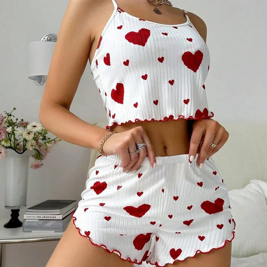 White Women's Pajamas Set - Soft Pajama Set with red heart print, ideal for sleepwear and lounging with a romantic touch.