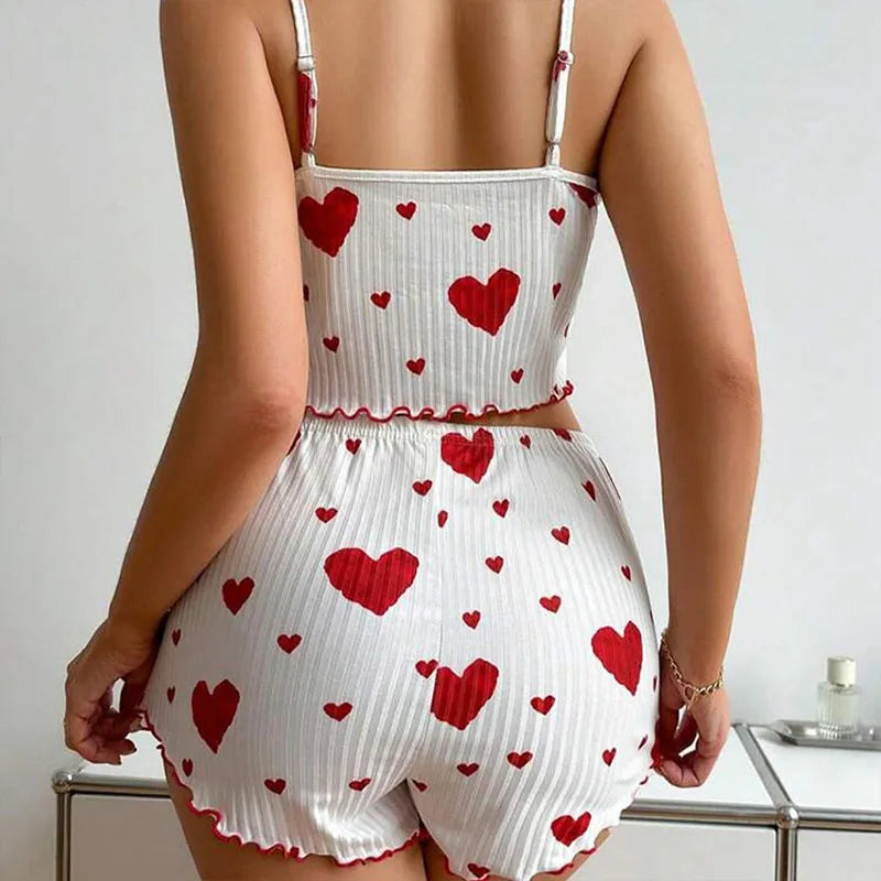 Back view of Women's Pajamas Set - Soft Pajama Set in white with red hearts, showing elastic waistband and relaxed fit for comfort.