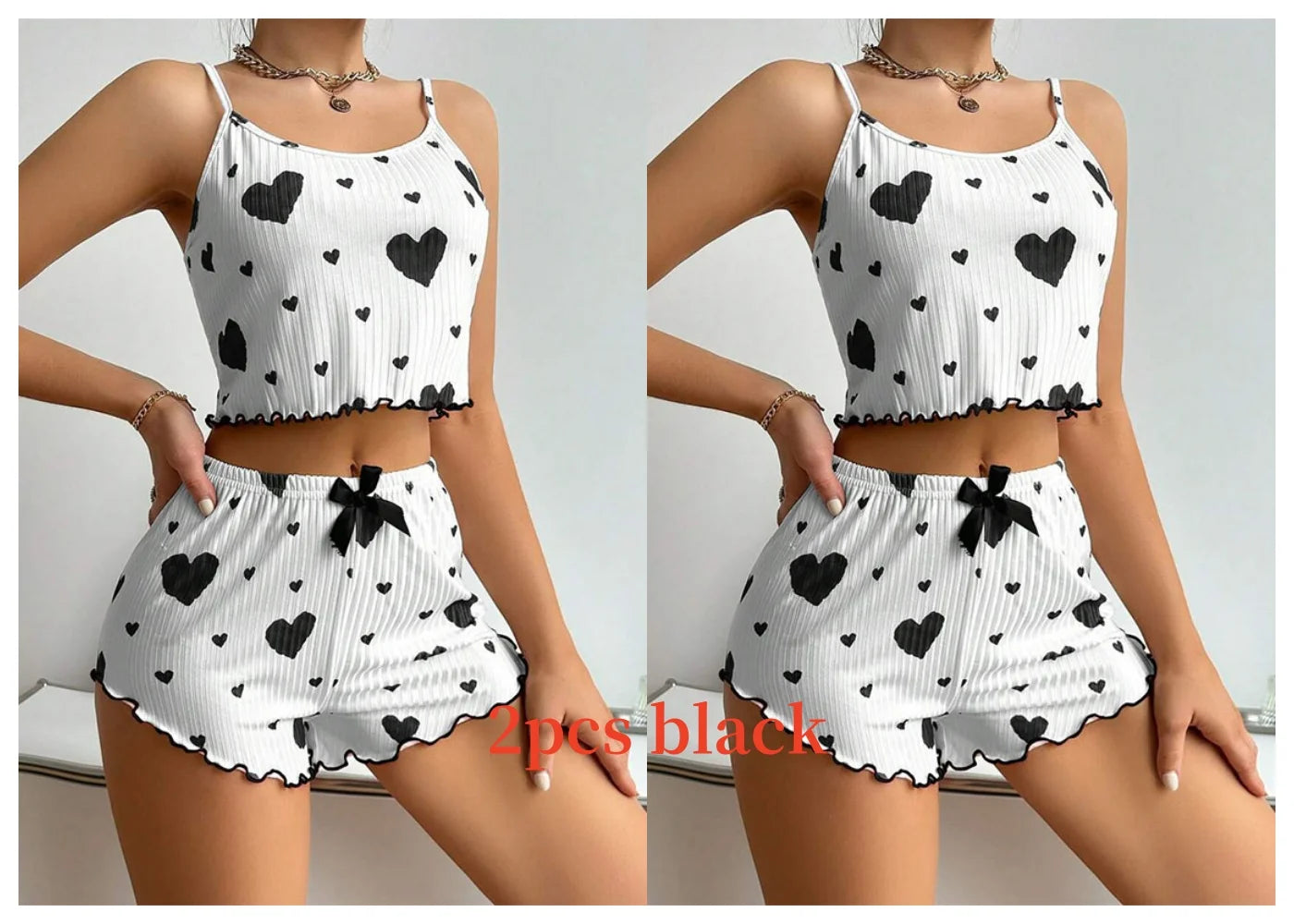 Two-piece black heart Women's Pajamas Set - Soft Pajama Set in white with black hearts, ideal for sleepwear and loungewear.