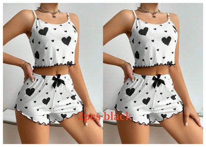 Two-piece black heart Women's Pajamas Set - Soft Pajama Set in white with black hearts, ideal for sleepwear and loungewear.