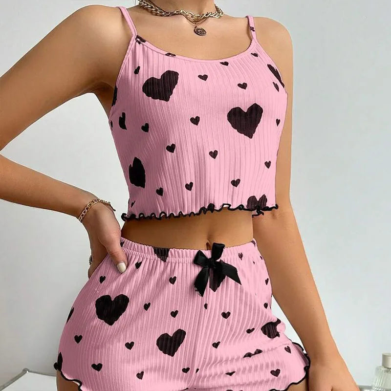 Pink Women's Pajamas Set - Soft Pajama Set with black hearts, designed for comfort and style in sleepwear and loungewear.