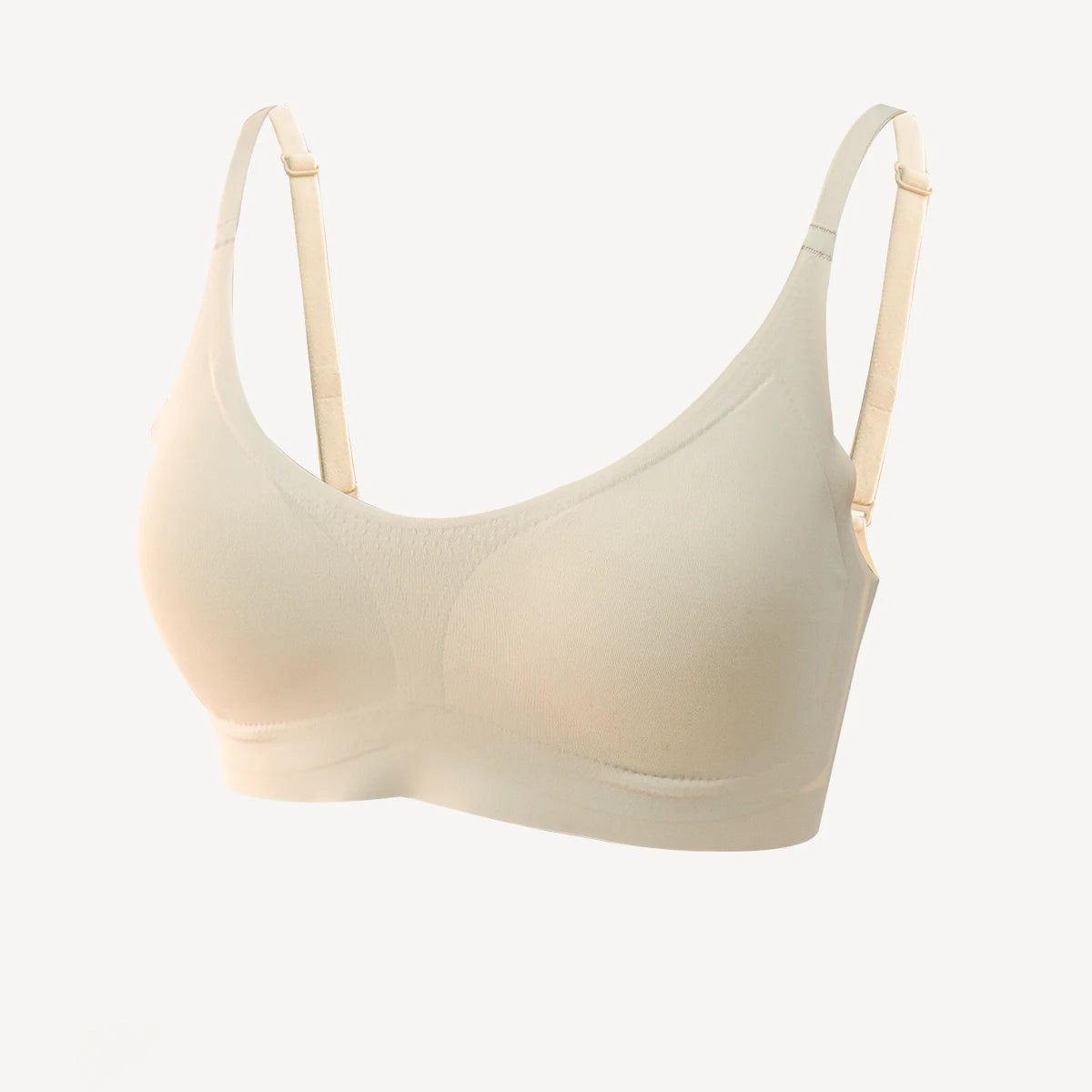 Angled view of beige Seamless Underwear Bra Women - Soft Support, featuring breathable fabric and seamless construction for comfort.